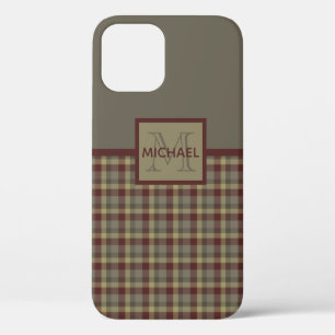 Maroon, Tan And Grey Plaid Monogrammed Case-Mate S iPhone 12 Case