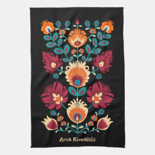 Maroon, teal and pastel yellow Folk Wycinanki Kitchen Towel
