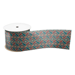 Maroon, Teal Ethnic Pattern, Flowers, Chevrons Satin Ribbon