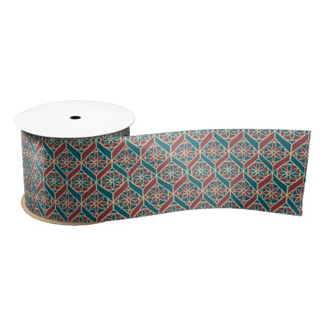 Maroon, Teal Ethnic Pattern, Flowers, Chevrons Satin Ribbon (Spool)