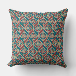 Maroon, Teal Ethnic Pattern, Flowers, Chevrons Throw Pillow