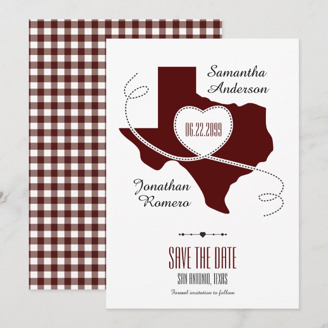 Maroon Texas Curling Ribbon Save the Date (Front/Back)