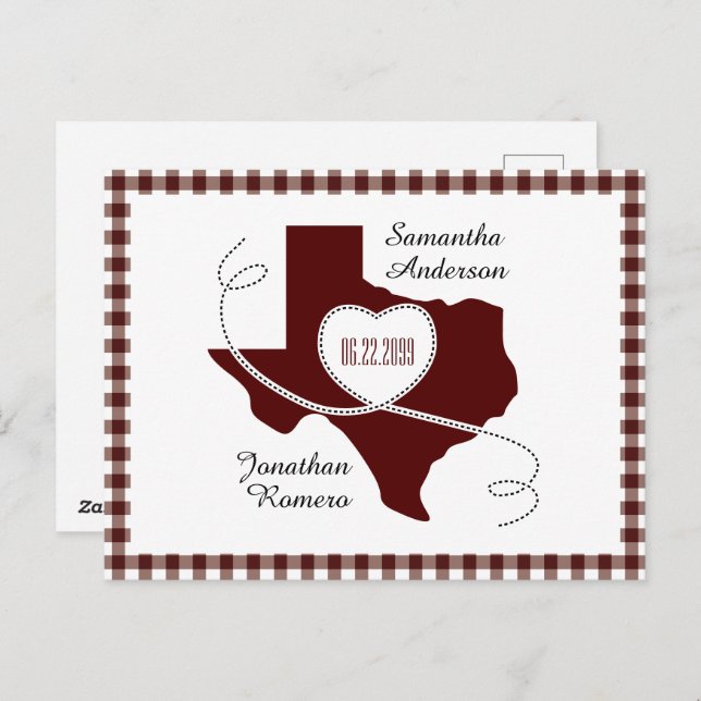 Maroon Texas Curling Ribbon Save the Date Postcard (Front/Back)
