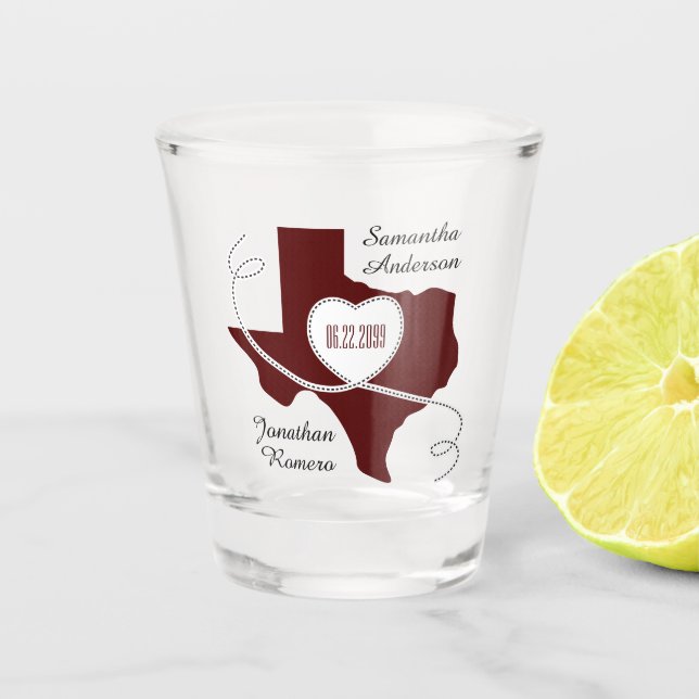 Maroon Texas Curling Ribbon Wedding Date Shot Glass (Front)