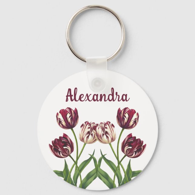 Maroon Tulips With Name Keychain (Front)