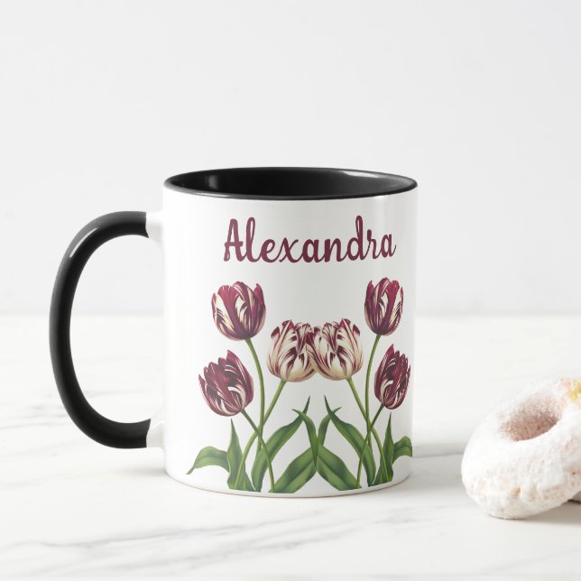 Maroon Tulips With Name Mug (With Donut)