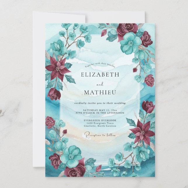 Maroon Turquoise Wildflower Wedding Invitation (Front)