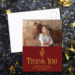 Maroon Veterinary School Graduate Photo Thank You Postcard<br><div class="desc">Custom maroon veterinary school graduation thank you postcards with the veterinarian medical caduceus next to your graduate photo. Customize this postcard of thanks with chic gold script next to your photograph.</div>