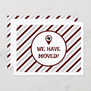 Maroon We Have Moved Striped Moving Postcard