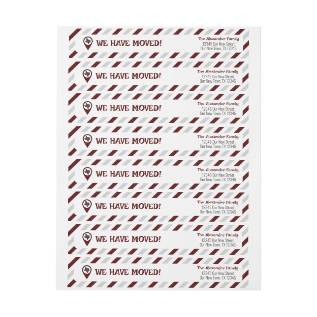 Maroon We Have Moved Striped Moving  Wrap Around Label (Sheet)
