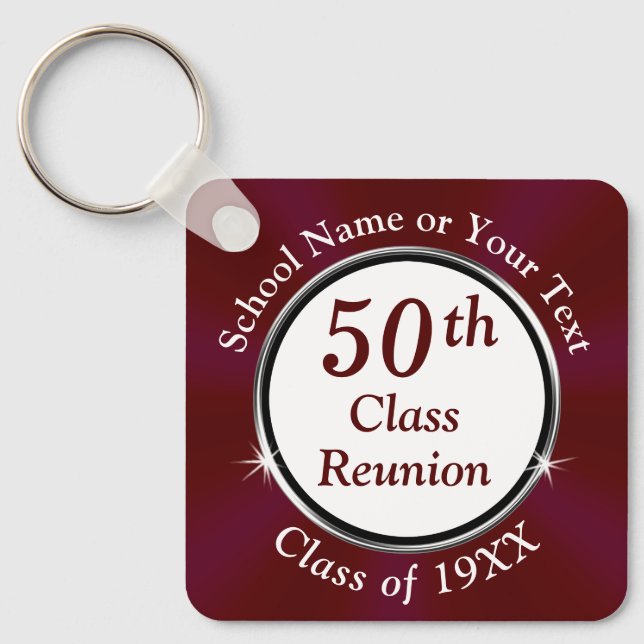 Maroon, White, 50th High School Reunion Souvenirs Keychain (Front)