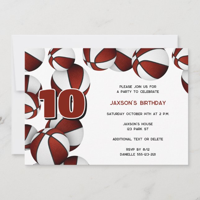 maroon white basketballs boys girls birthday party invitation (Front)