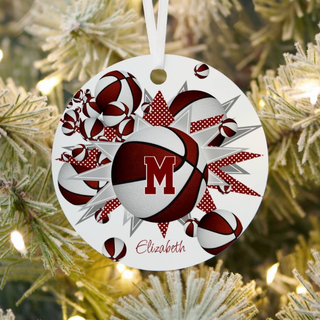 Maroon white basketballs stars personalized  metal ornament (Insitu)