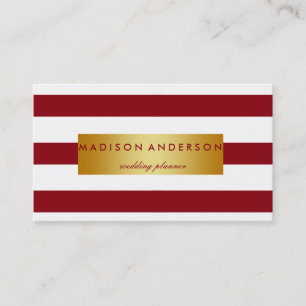 Maroon & White Chic Stripes in Gold Business Card