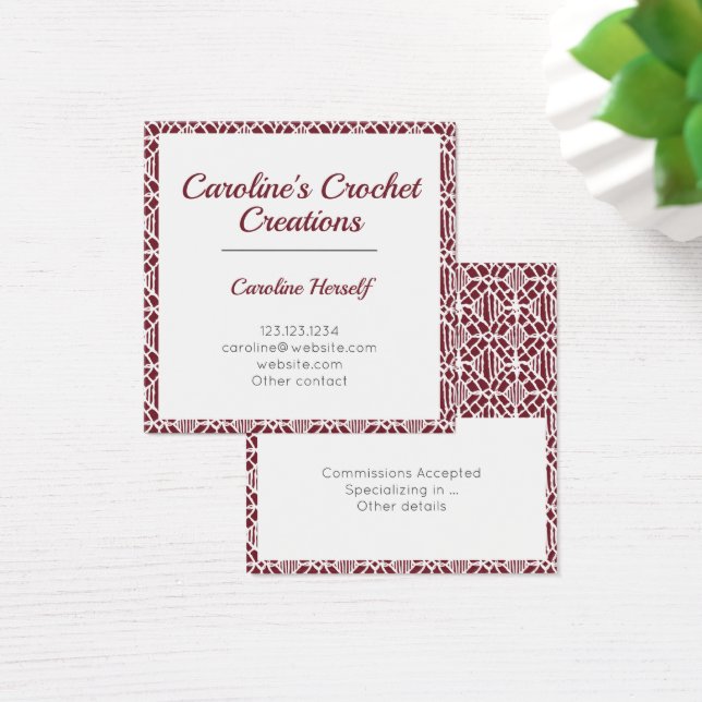 Maroon White Crochet Lace Pattern Business Card (Bureau)