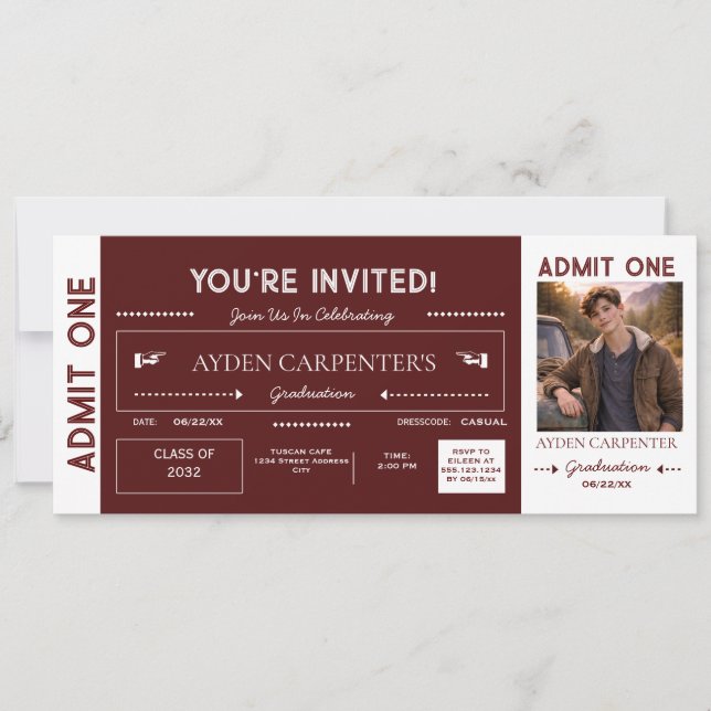 Maroon & White Graduation Faux Ticket | Invitation (Front)