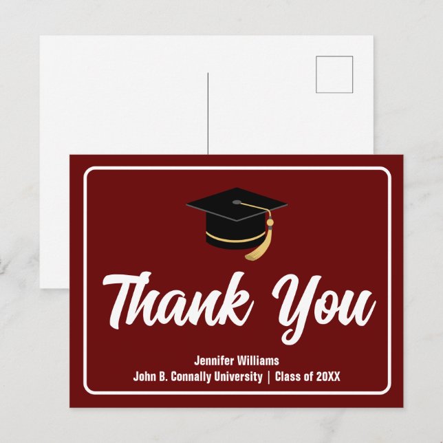 Maroon White Graduation Personalized Thank You Postcard (Front/Back)