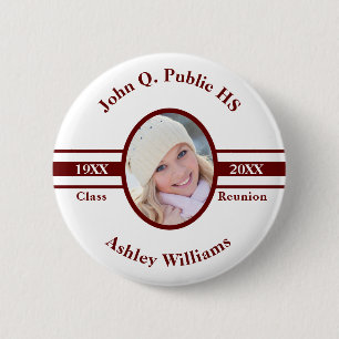 Maroon   White School Class Reunion Photo Name 2 Inch Round Button