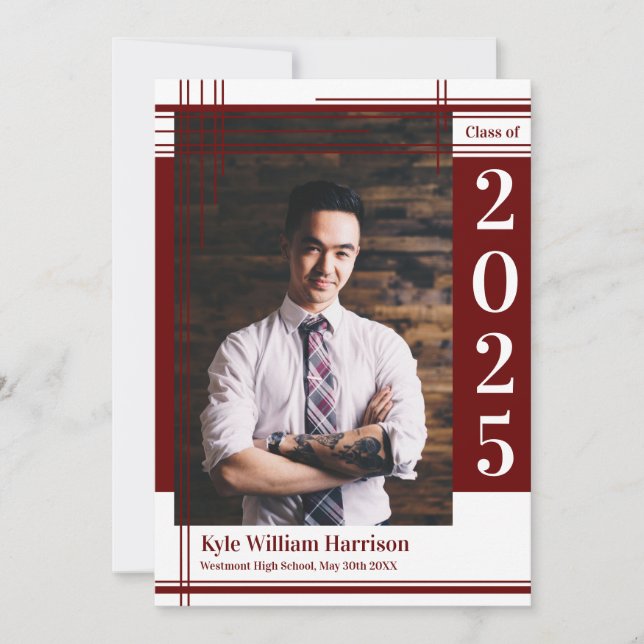 Maroon White School Colour Graduation Photo Plaid Invitation (Front)