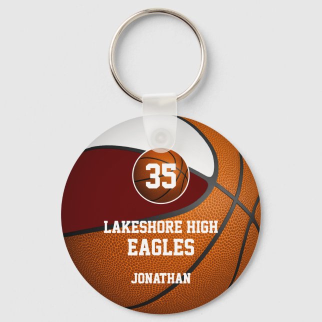 Maroon white school colours boys' basketball team keychain (Front)