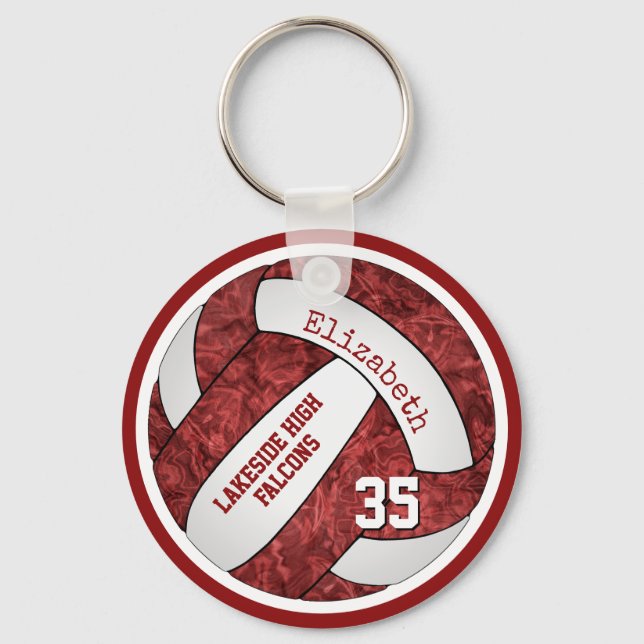Maroon white school colours custom name volleyball keychain (Front)