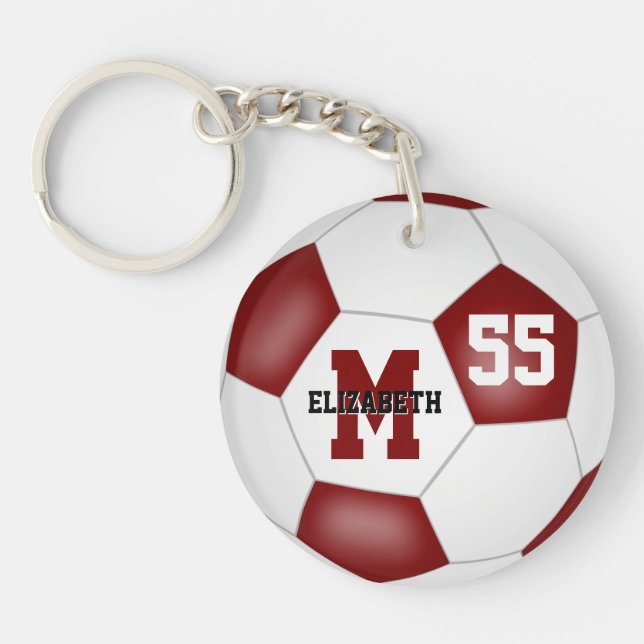 maroon white school colours soccer bag tag keychain (Front)