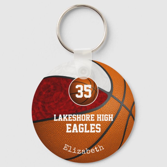 maroon white school pride girls' basketball team keychain (Front)