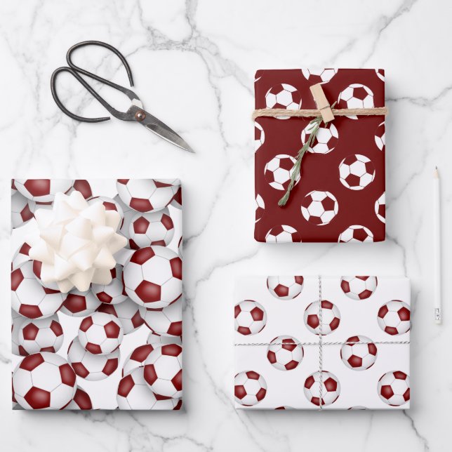 maroon white soccer balls coordinating sports set wrapping paper sheet (Front)