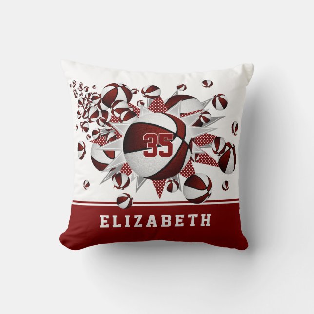 maroon white sports room girls basketballs stars throw pillow (Front)
