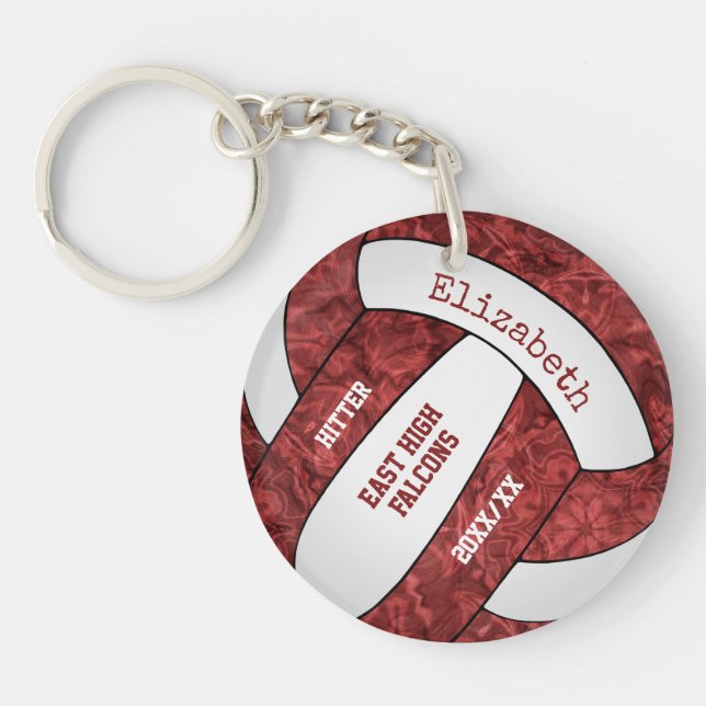 maroon white team colors personalized volleyball keychain (Front)