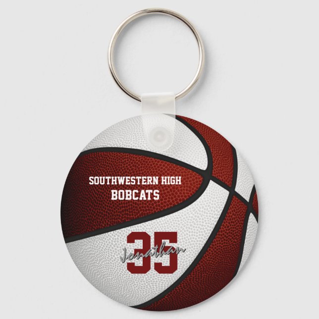 maroon white team colours boys girls basketball keychain (Front)