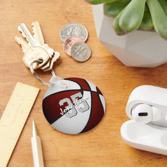 maroon white team colours boys girls basketball  keychain (Desk)