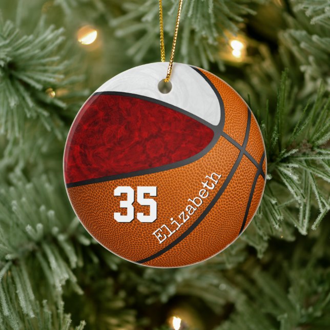 maroon white team colours girls' basketball player ceramic ornament (Tree)