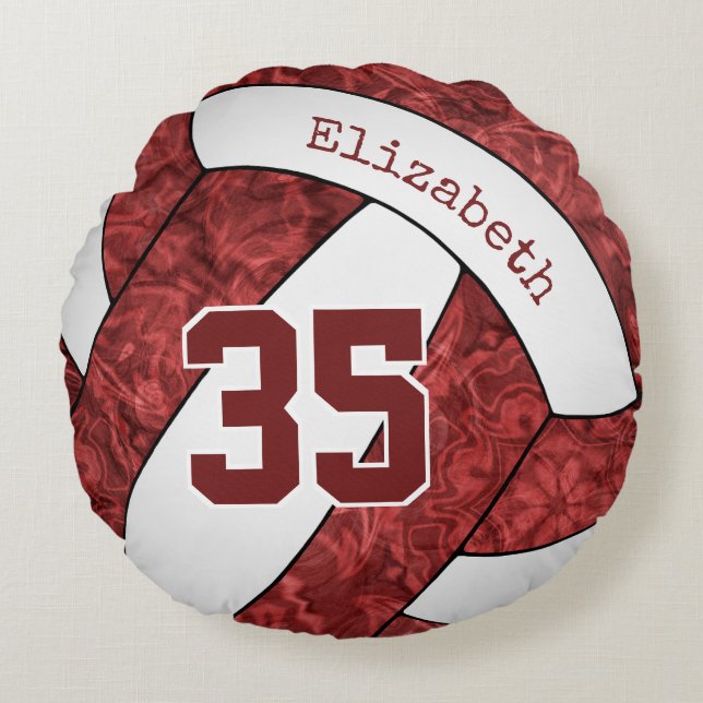 maroon white team colours girls volleyball room round pillow (Front)