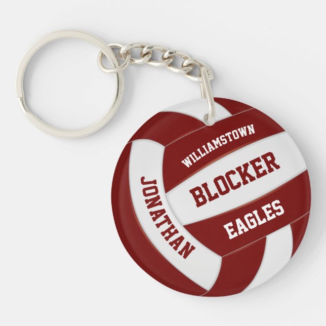 maroon white team colours personalized volleyball keychain (Front)