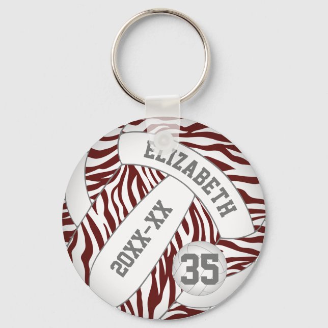 maroon white zebra stripes girls volleyball keychain (Front)