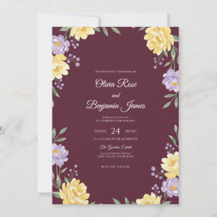 Maroon Yellow Ranunculus Muted Eucalyptus Wedding Invitation