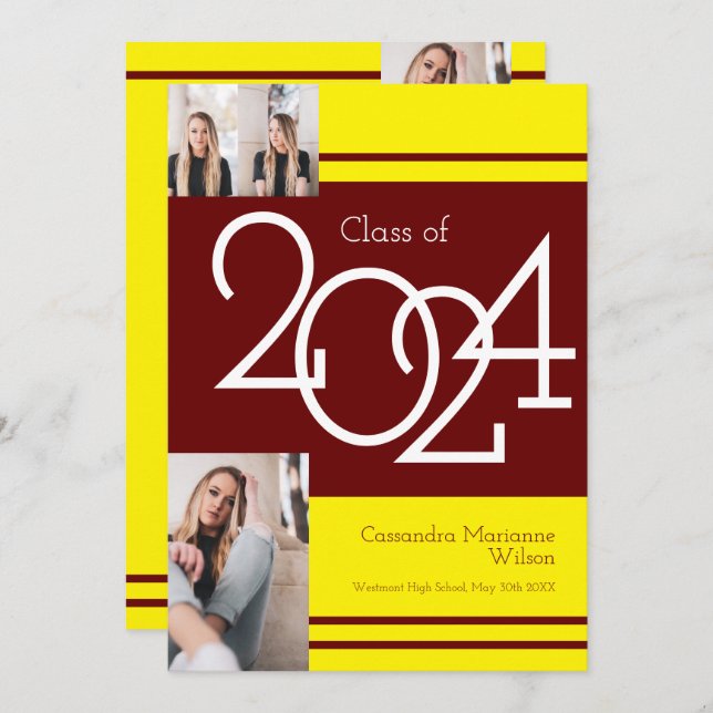 Maroon Yellow School Colour Graduation Announcemen Invitation (Front/Back)