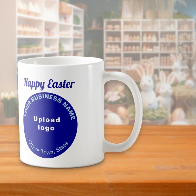 Marque Blue Business | Pâques | Mug (Mug with Easter greeting and blue round shape business brand)