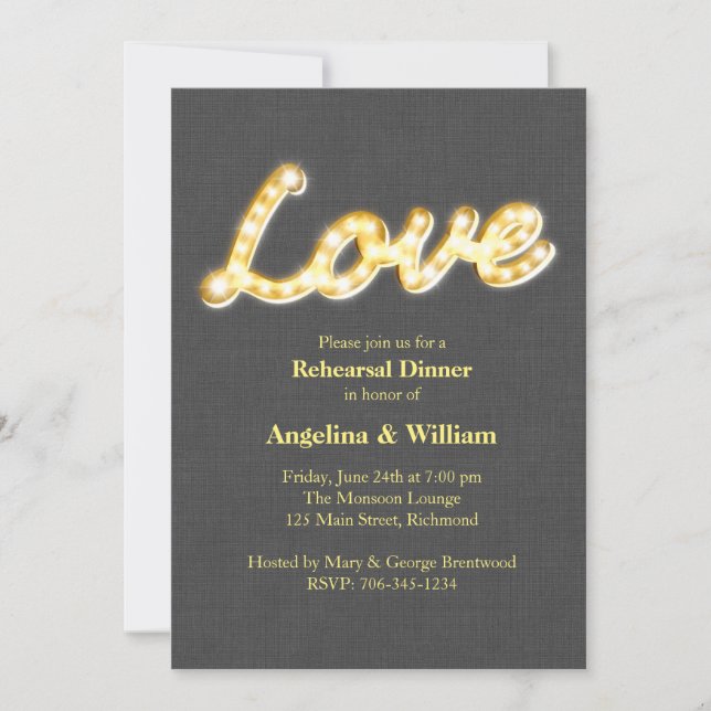 Marquee Lights Rehearsal Dinner Invite Grey Burlap (Front)