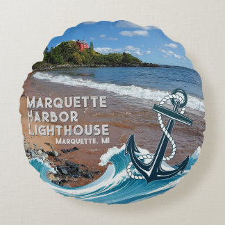 Marquette Harbour Lighthouse, Marquette, MI Round Pillow