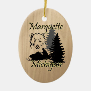 Marquette Michigan Snowmobile Bear Ceramic Ceramic Ornament