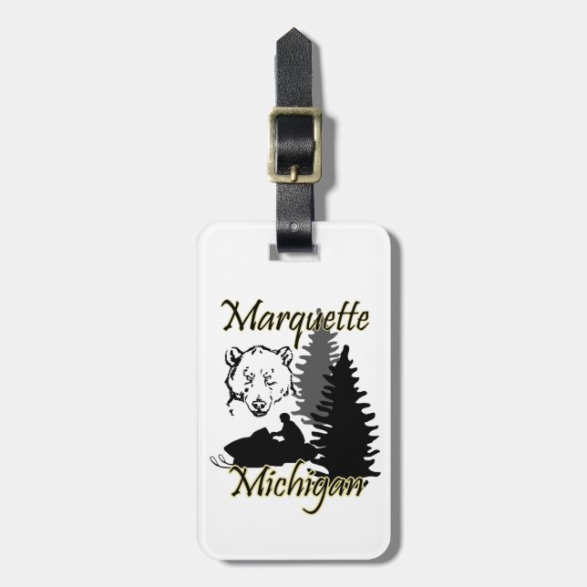 Marquette Michigan Snowmobile Bear Luggage Tag (Front Vertical)