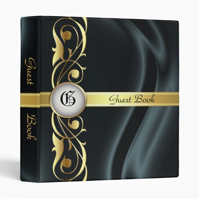 Marquis Black Silk Gold Scroll Guest Book Binder (Front/Spine)