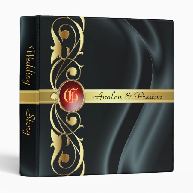Marquis Black Silk Gold Scroll Ruby Album Binder (Front/Spine)