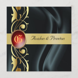 Marquis Black Silk Gold Scroll Ruby Invitation