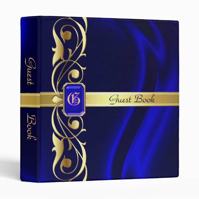 Marquis Blue Silk Gold Scroll Guest Book Binder (Front/Spine)