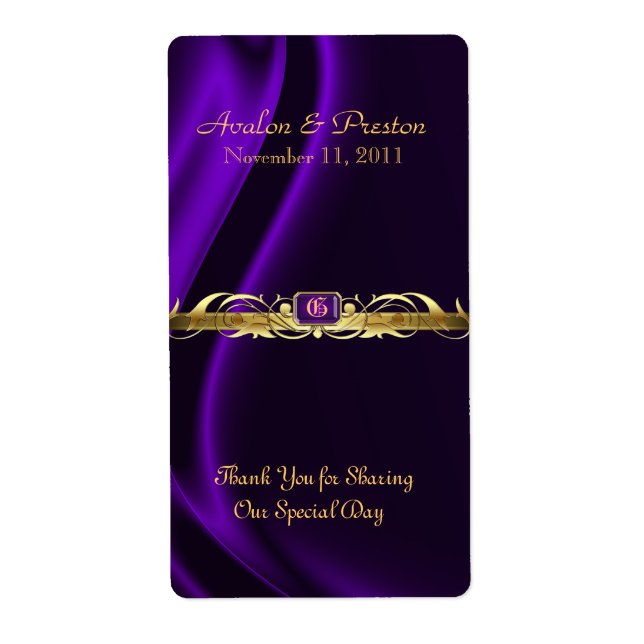 Marquis Purple Silk Gold Scroll Wine Wedding Label (Front)
