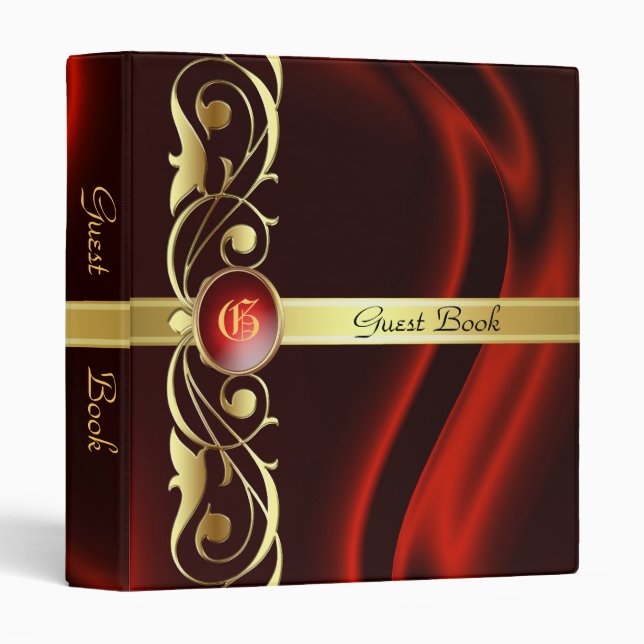Marquis Red Silk Gold Scroll Guest Book Binder (Front/Spine)