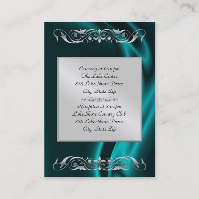 Marquis Teal Silk Silver Guest Info Business Card (Front)